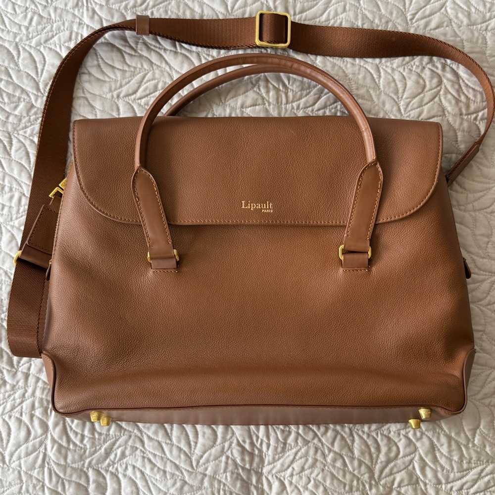 Lipault Plume Elegance Leather Commuter Laptop Bag Cognac Brown excellent